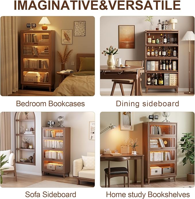 Solid Wood Bookcase 4 Tier With Tempered Glass Doors 60 Inch, Kitchen Pantry Display Cabinet, Brown Finish Cube Storage Organizer, Bookshelf Versatile Storage With For Home Office(No Light Strip)