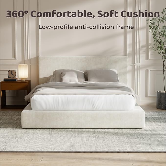 RECCI Cloud Upholstered Full Bed Frame with Headboard, 5 Inch Foam Padded Platform, No Box Spring, Easy Assembly(Cream)