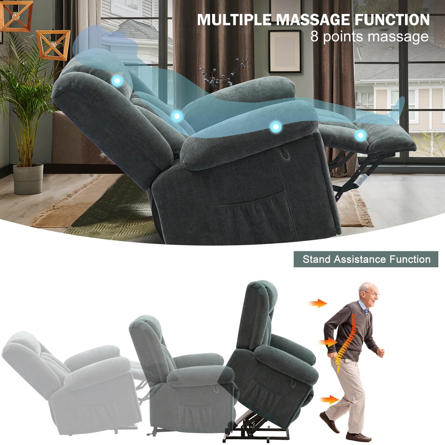 SENYUN Electric Power Lift Recliner Chair for Elderly with Heat & Massage, Chenille Large Reclining Chairs w/2 Concealed Cup Holders for Seniors Home Living Room,1PC,Grey Blue
