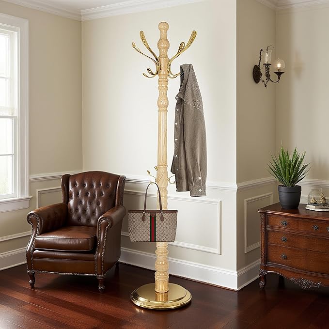73”Vintage Wooden Coat Rack Freestanding With 14 Hooks and Sturdy Round Base。3-level Adjustable Vintage Wooden Coat Rack.Coat Rack Stand for Living Room Bedroom Office (Natural)