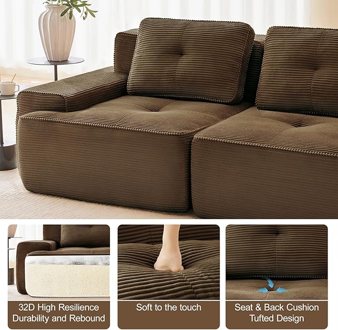 115" Modern Corduroy Cloud Sofa, Boneless Modular Large Sectional Couches for Living Room, Brown 3 Seater Compressed Memory Foam Couch, Extra Deep Seat, No Assembly