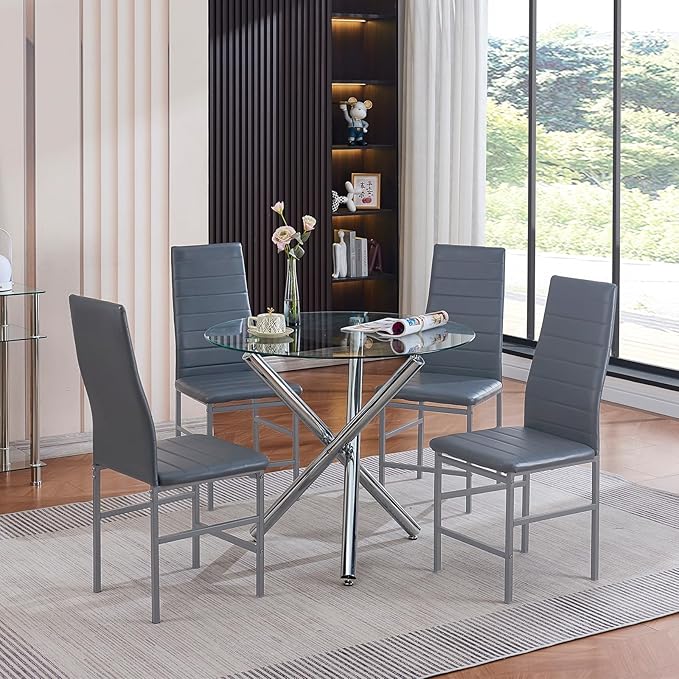 5-Piece Round Glass Dining Table Set for 4 Modern Kitchen Table with 4 Dining Chairs Set Round Circle Table and PU Upholstered Chairs Set for Small Space/Kitchen/Apartment