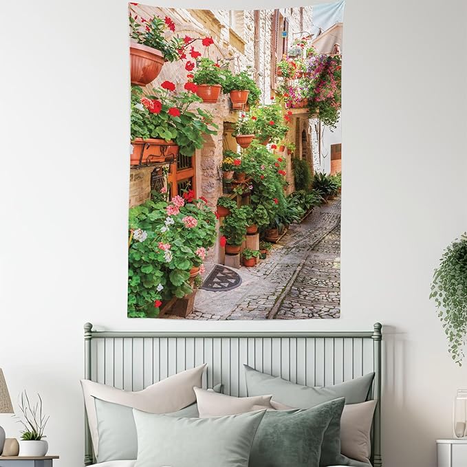 Ambesonne Italian Tapestry Queen Size, Street View of a Small Renaissance Town with Floral Porches and Rock Mediterranean, Wall Hanging Bedspread Bed Cover Wall Decor, 88" X 88", Pale Brown