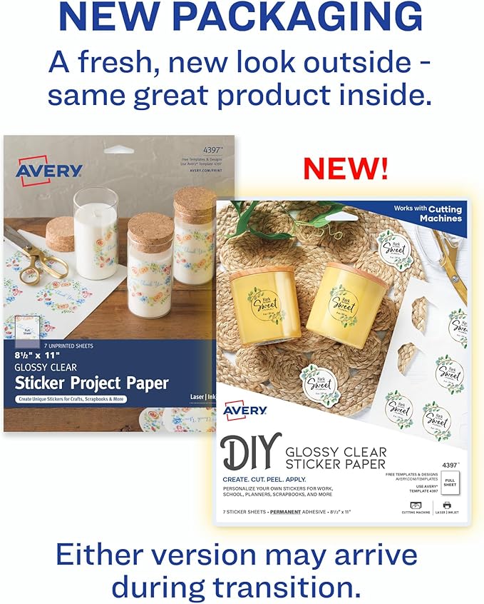 Avery Glossy Clear Sticker Paper | 8.5 x 11 Inch | Permanent Adhesive | For Laser & Inkjet Printers | 7 Sheets, Pack of 6
