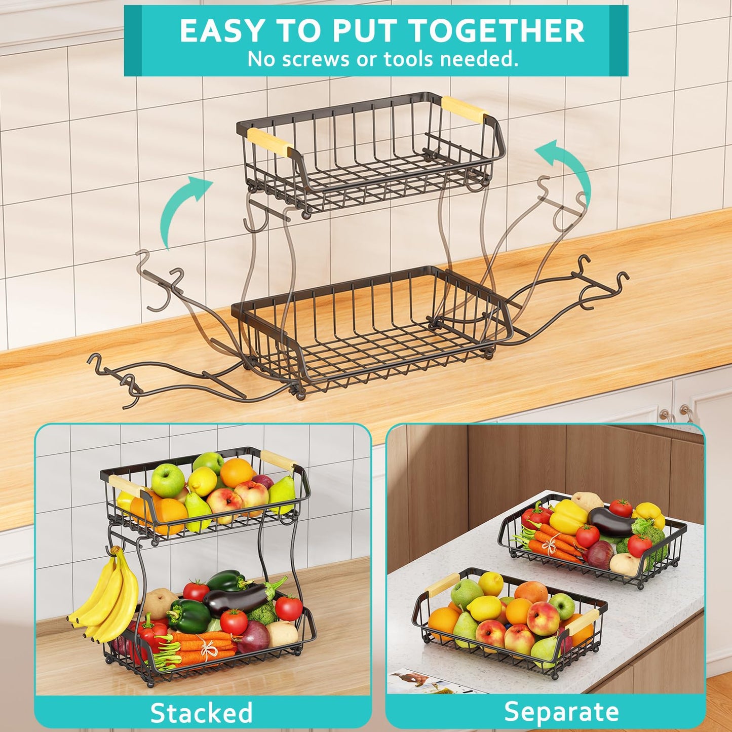 ANTOPY 2 Tier Fruit Basket with 2 Banana Hangers, Detachable Countertop Fruit Bowls for Kitchen Counter, Metal Wire Fruit Vegetable Storage Holder Stand with Wooden Handles for Bread, Snacks, Veggies