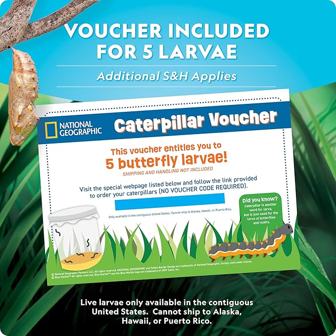 National Geographic Butterfly Growing Kit - Butterfly Habitat Kit with Voucher to Redeem 5 Caterpillars (S&H Not Included), Butterfly Cage, Feeder (Amazon Exclusive)