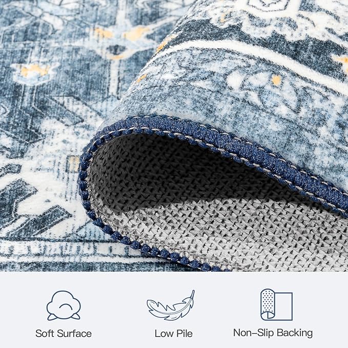 Lofus 8x10 Area Rug for Living Room,Blue Washable Area Rugs with Non-Slip Backing,Soft Boho Carpets for Bedroom Dining Room Home Office Indoor Nursery