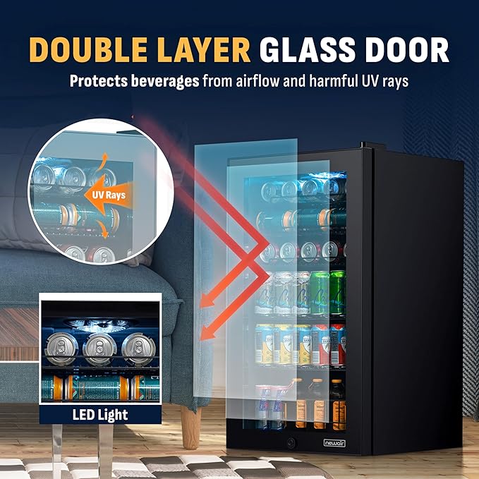 NewAir 126 Can Beverage Refrigerator | Freestanding Small Mini Fridge for Bedroom with Glass Door | Drink Cooler with Adjustable Shelves, Quiet Cooling & Locking Door | Black