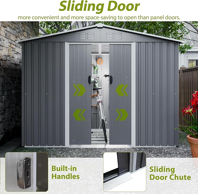 8 x 6 FT Outdoor Storage Metal Shed, Bike Garden Tool Shed with Slooping Roof, Lockable Doors and Aluminum Frames, Shed Easy to Assemble for Garden, Patio, Lawn, Black