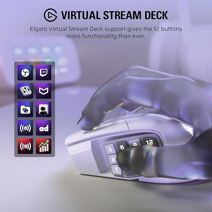 Corsair Scimitar Elite Wireless SE MMO PC Gaming Mouse – 33,000 DPI, 16 Programmable Buttons, Key Slider, Elgato Virtual Stream Deck, 1,000Hz Polling, Up to 150-Hour Battery – White