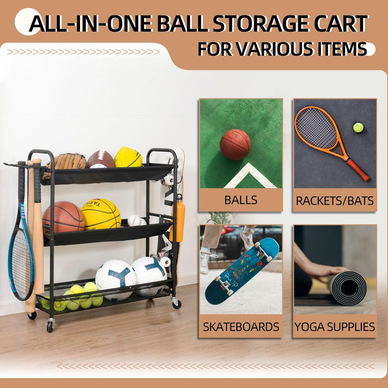 STORAGE MANIAC Basketball Rack 3-Shelf Training Stand with Wheels