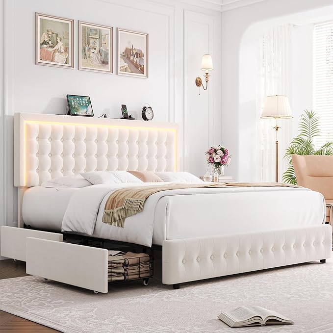 HIFIT Upholstered King Size LED Bed Frame with Charging Station and 4 Large Storage Drawer, Velvet Button Tufted King Platform Bed with Adjustable Headboard, No Box Spring Needed, Easy Assembly, Beige