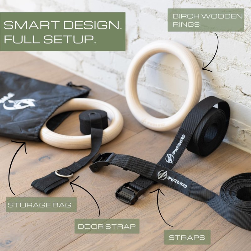 PWR4WRD Gymnastic Rings - Durable Home Workout Equipment w/Adjustable Straps & Secure Buckle - Portable 1.25" Olympic Rings for Home & Gym - Exercise Rings for Workout Bodyweight Fitness Training