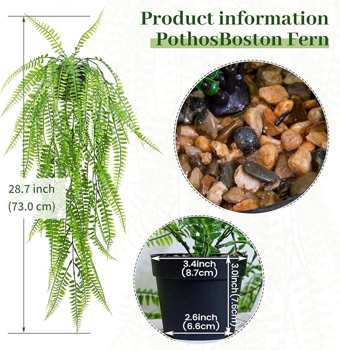 Fake Hanging Plant with Pot, Artificial Potted Fern Plant, 28.7-In Long Faux ivy Vine for Shelf Home Office Indoor Outdoor Garden Greenery Decor (Black Pot)