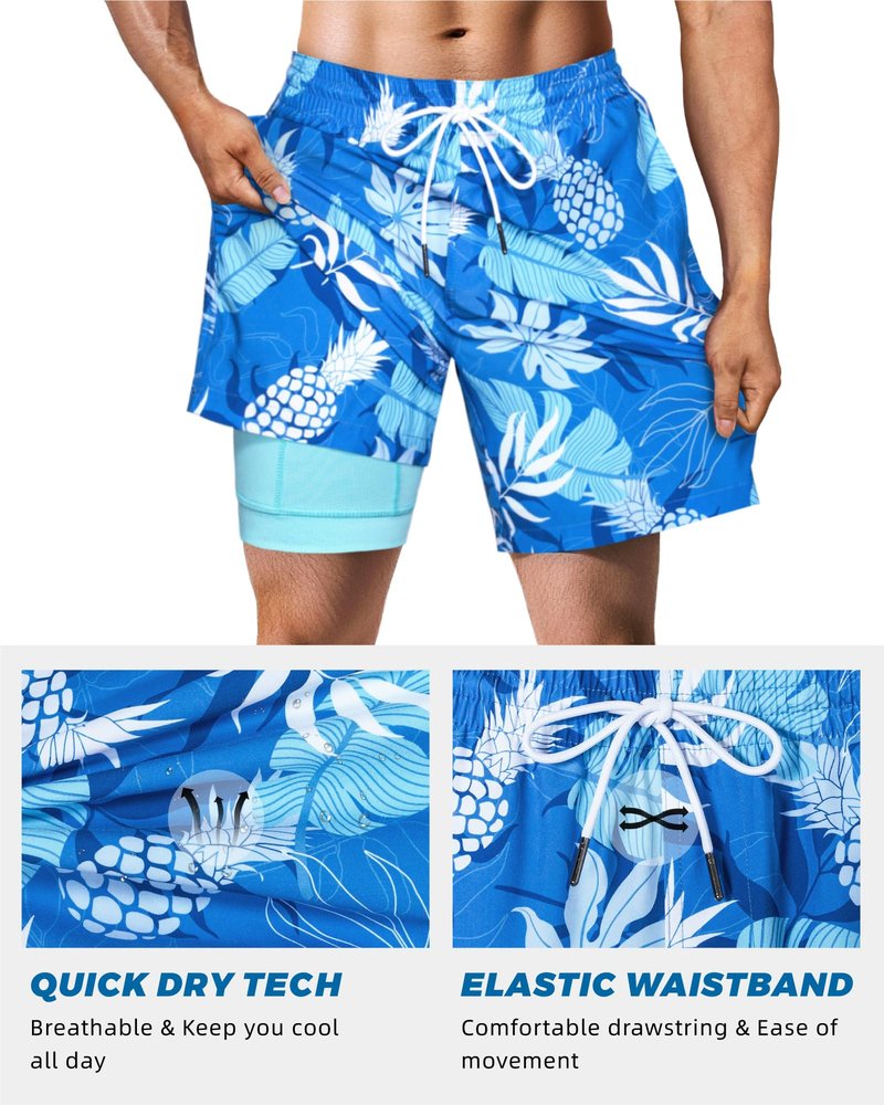 SURF CUZ Mens Swim Trunks with Compression Liner Swim Shorts 7" Swimming Trunks Stretch 7 Inch Swim Suits Quick Dry,Blue Summer,XL