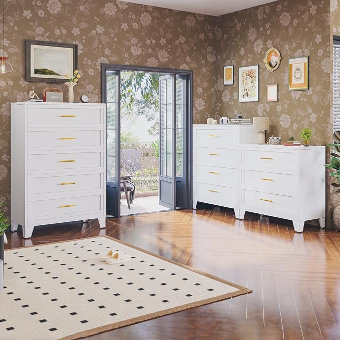 34.25" Tall Metal Dresser for Bedroom, 3 Drawer White File Cabinet with Gold Handles, Dressers Chests with Fluted Panel, Vertical Drawer Storage Cabinet for Living Room, Entryway, Hallway