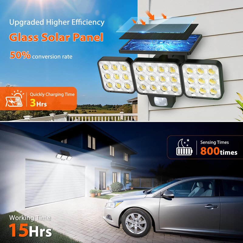 WdtPro Solar Lights Outdoor Flood Light, 3500LM Bright Motion Sensor Outdoor Lights, 3 Heads & Upgrade Glass Panel, LED Solar Powered Security Light Spotlights Waterproof for Outside Yard-2Pack