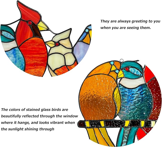Stained Glass Birds Window Hangings, 9 Multicolor Stained Glass Birds on Branch Suncatcher, Handmade Tiffany Style Bird Lovers Gifts Decor for Mother, Women.