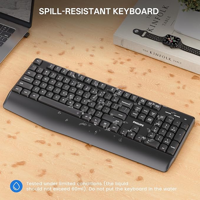 PHILIPS Wireless Keyboard and Mouse Combo-Ergonomic Keyboard and Mouse Wireless Combo,Plug n' Play,Sleep Mode and 2.4GHz Keyboard for Mac, Windows, Laptop-Black