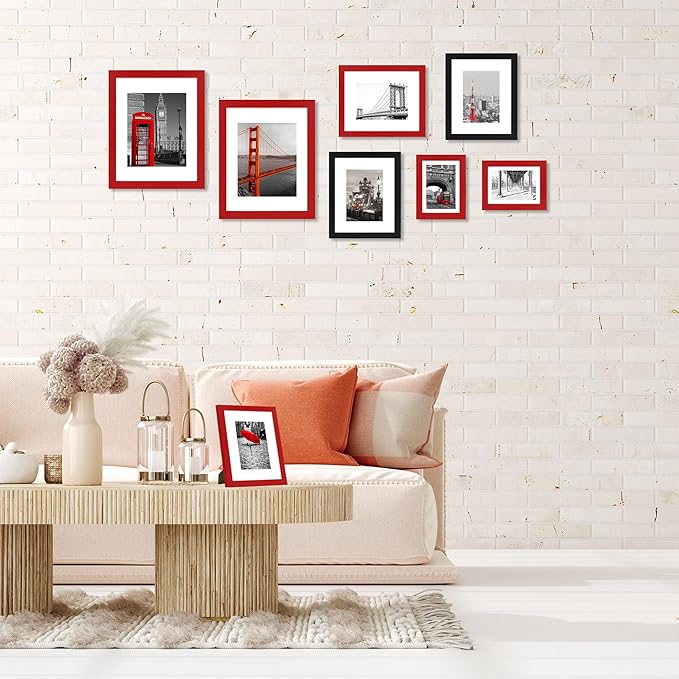 5x7 Picture Frame Set of 4, High Definition Real Glass, Display Pictures 4x6 with Mat or 5x7 Without Mat, Gallery Wall Hanging or Tabletop Photo Frames, Red