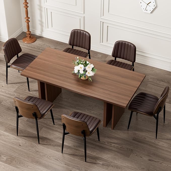 Dining Chairs Set of 8, Mid-Century Modern Upholstered PU Leather Chairs with Walnut Bentwood Back and Metal Legs Adjustable Feet for Kitchen Dining Living Room, Dark Brown Vertical Stripes