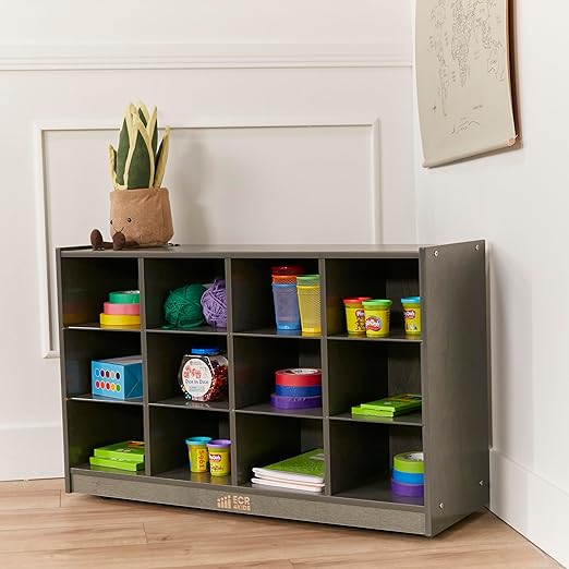 ECR4Kids 12 Cubby Mobile Tray Storage Cabinet, 3x4, Classroom Furniture, Grey Wash