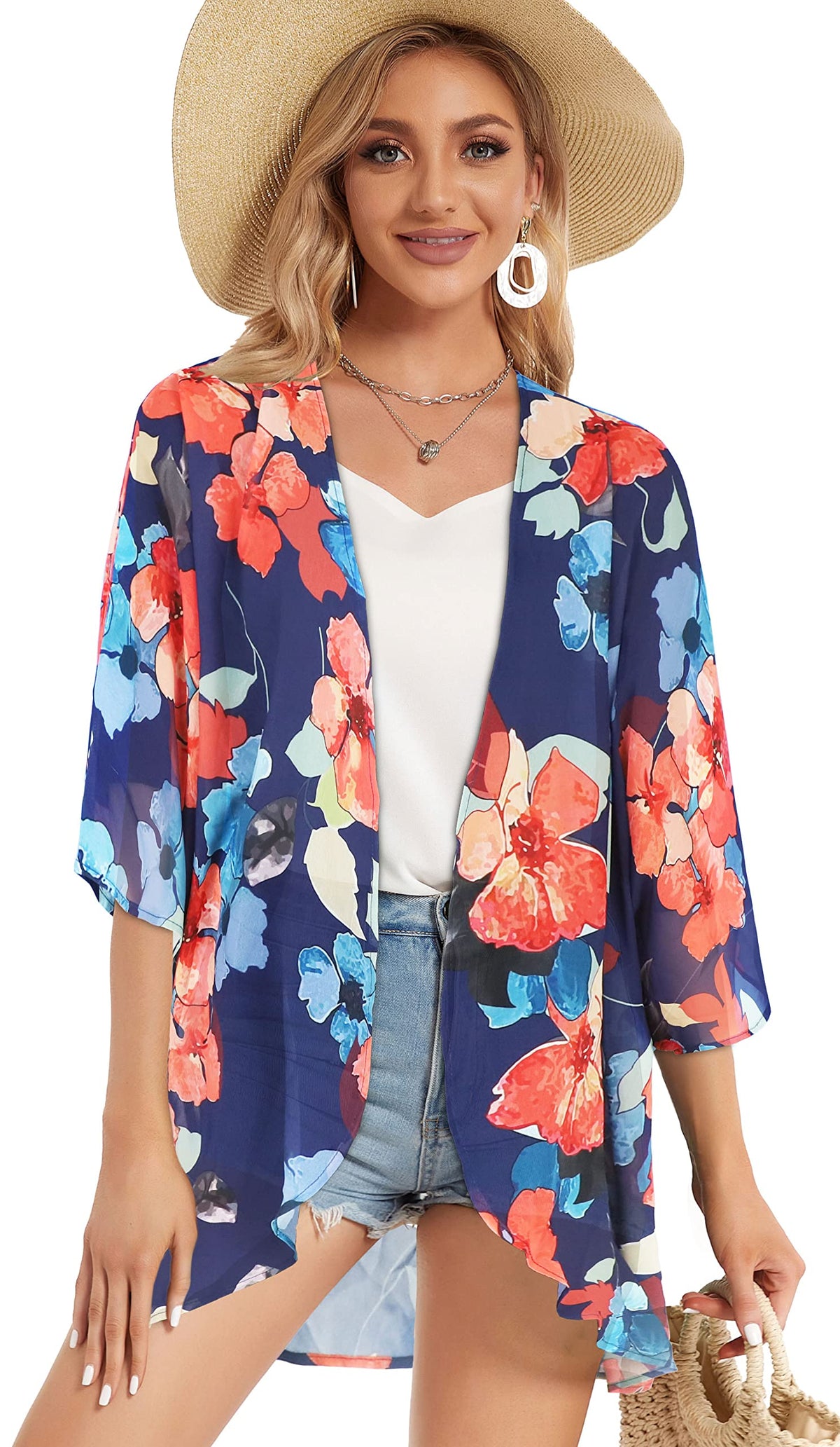 Summer Kimono Cardigan for Women Sheer Light Tops Casual Open Front Swimwear Shirts Beach Cover ups (Oil Blue,5XL)