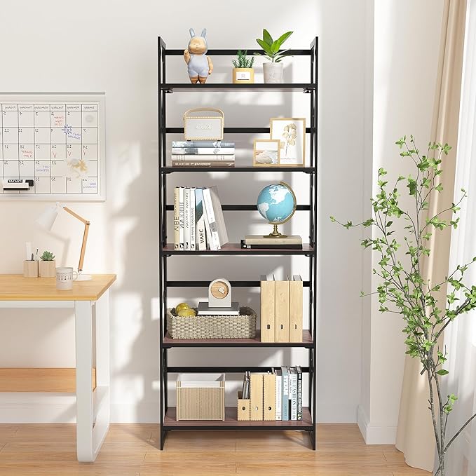 VECELO 2 Set Folding Bookshelf 5-Tier,Industrial Metal Frame & Wood Shelves,Foldable Bookcase No Assembly Free Standing Storage Organizer for Living Room,Office,Bedroom
