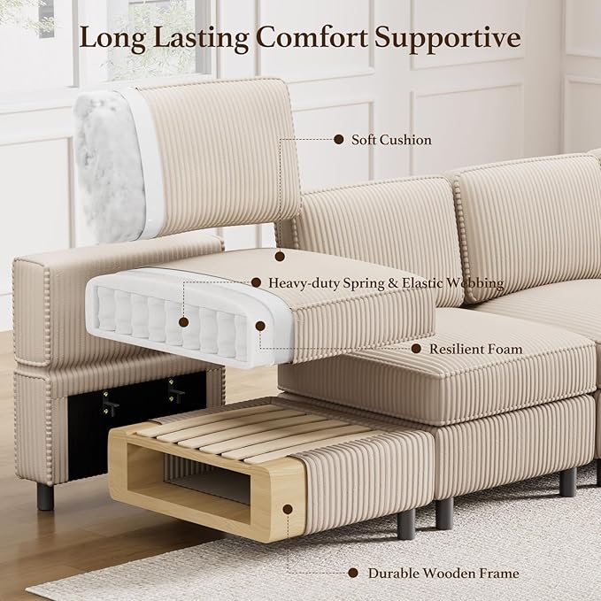 114.2" U Shaped Sectional Sofa,6 Seat Corduroy Couch,Comfy Modular Sectional Sofa with Storage Movable Ottoman Chaise,Upholstered Sectional Couches for Living Room,Beige