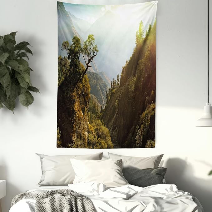 Ambesonne Landscape Tapestry Queen Size, Forest Nepal Himalaya Mountains Sunlight Majestic Scenery Nature Photo, Wall Hanging Bedspread Bed Cover Wall Decor, 88" X 88", Green Pale Yellow
