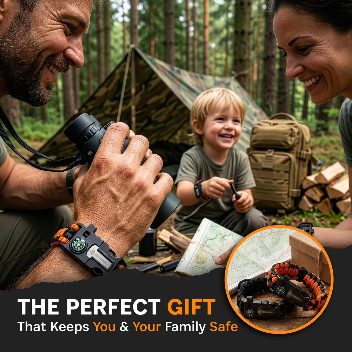 133 SUPPLY Tactical Paracord Compass Hiking Survival Bracelet Men Dad Gifts Camping Accessories Hiking Gear Women Hunting Gear Fishing Essentials Flint Steel Tool Fire Starter Kit Whistle Bear Safety