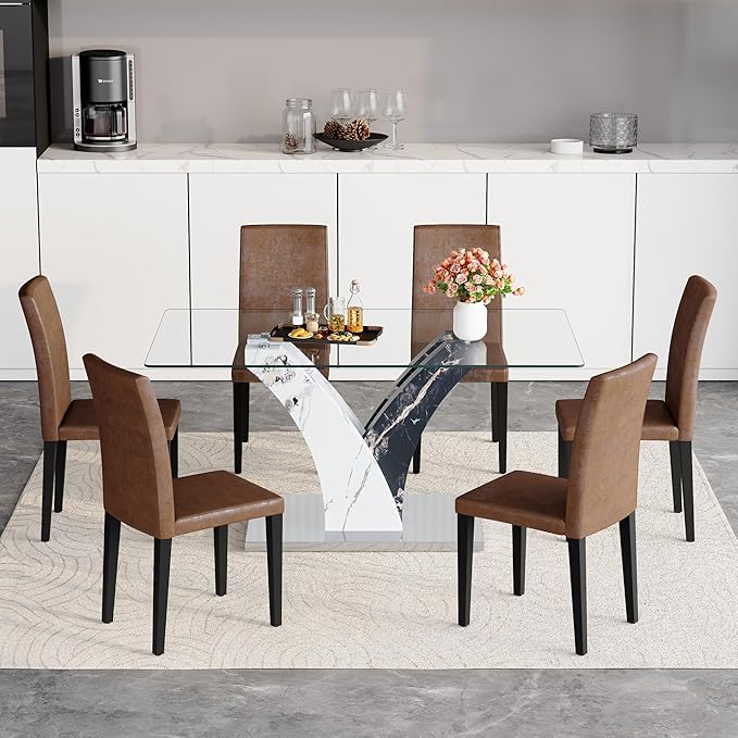 Glass Dining Table Set for 6, 63” Kitchen Table Set for 6, Modern Dining Room Table Set with Upholstered Chairs, Tempered Glass Tabletop with Y Shape Base