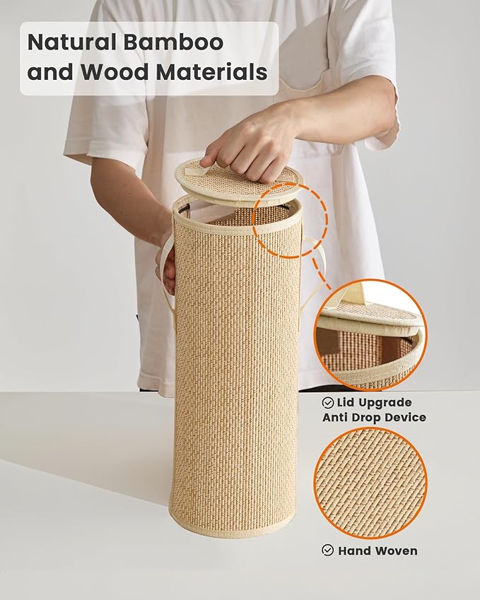 Bamboo Toilet Paper Storage Basket with Lid & Handle - 10L Handwoven Bathroom Organizer for 4 Rolls - Sturdy Stand Holder for Toilet Paper Organization, Light Natural