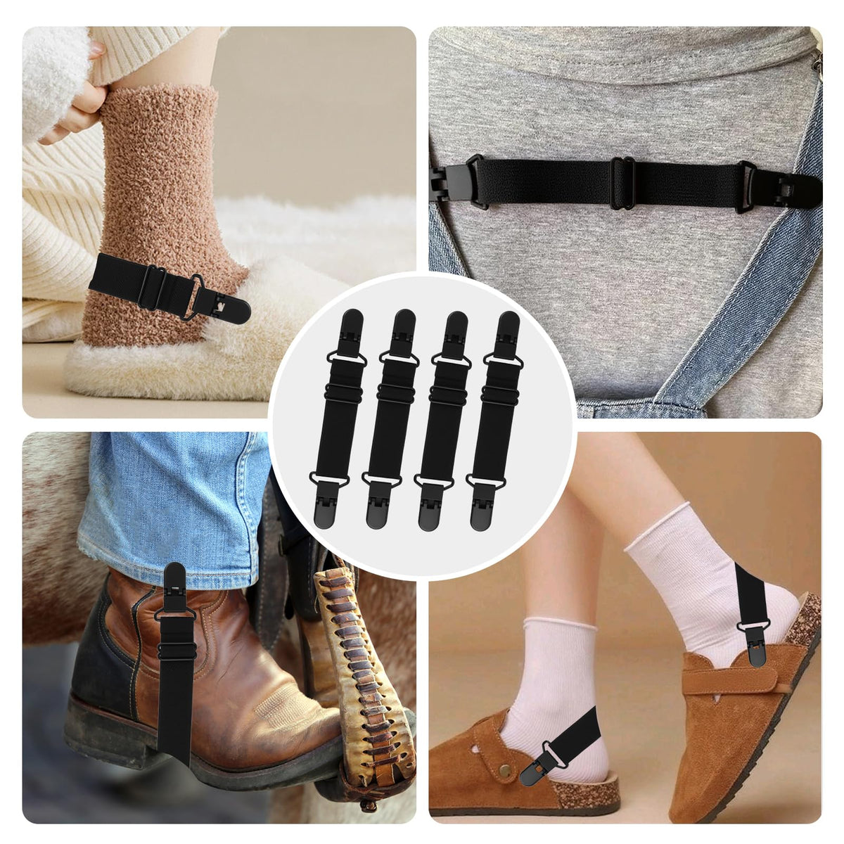 RJLCTH 4 Pcs Adjustable Motorcycle Boot Straps, Black Cowboy Boot Straps with Clips for Jeans, Mules Clogs Footbed Cork Platform Slipper Suede Leather Mules Shoes Potato Boot Sandals