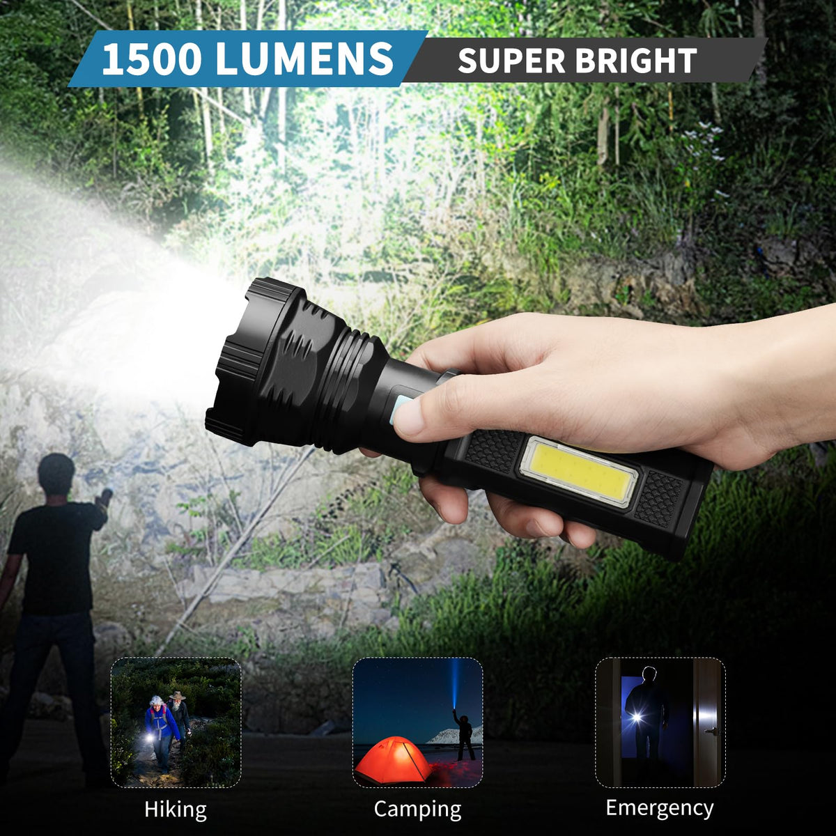 VOETIR Led Solar Flashlight, 1500 Lumens Led Solar Handheld Flashlights with IP65 Waterproof for Survival Emergencies Camping (1 Pack)