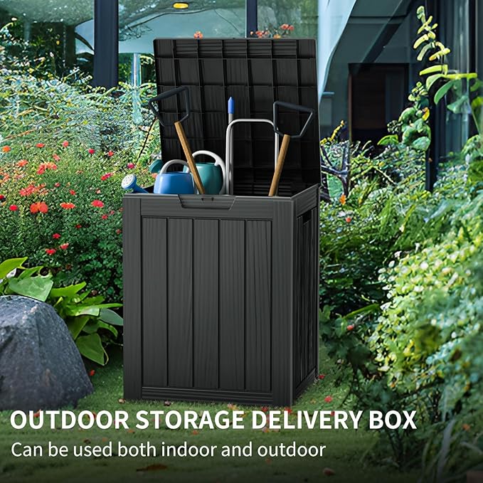 28 Gallon Waterproof Resin Deck Box, Lockable Outdoor Storage Box for Patio Furniture, Garden Tools, UV Resistant, and Multi-Functional (Black)