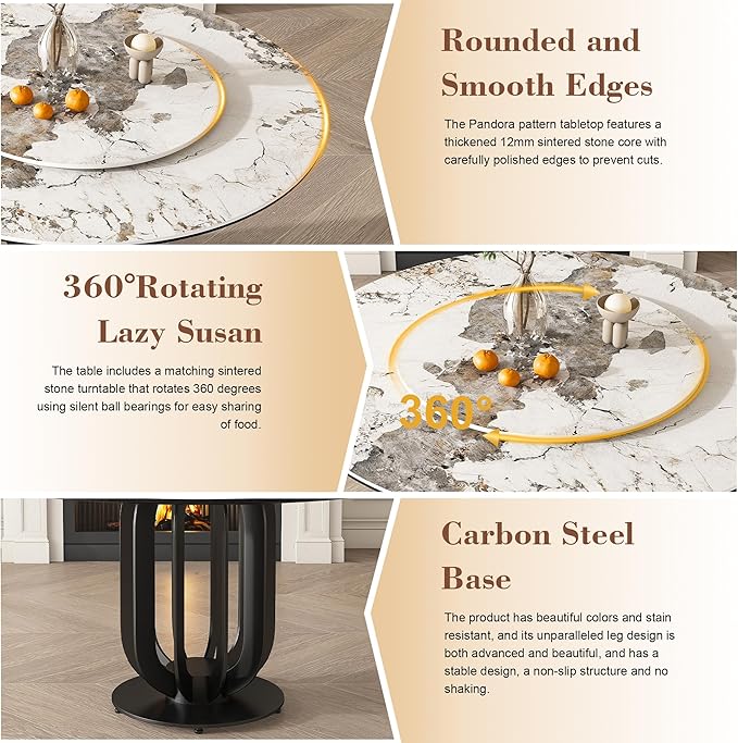 Dining Table Set with 4 Chairs, 53" Round Modern Marble Dining Table with Lazy Susan, Sintered Stone Top for Kitchen, Dining Room, Dinette