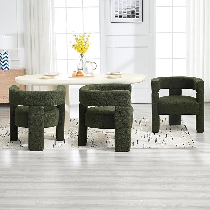 Sherpa Barrel Dining Chairs Set of 2, Upholstered Boucle Accent Kitchen Chairs with Arms, Comfy Faux Fur Side Chair Modern Armchair for Dining Room, Bedroom, Home Office, Green