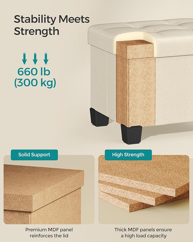 SONGMICS Storage Ottoman, Small Ottoman Foot Rest with Legs, 12.6 x 15.7 x 13.2 Inches Foot Stool, Load up to 660 lb, for Living Room, Bedroom, Dorm, Cream White ULSF012W01