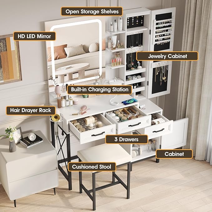 Maupvit Vanity Desk with HD LED Mirror,White Vanity with Large Jewelry Cabinet,Lots Storage Shelves,3 Drawers & Cabinets,Makeup Desk with Charging Station,3 Lighting Modes, Brightness Adjustable