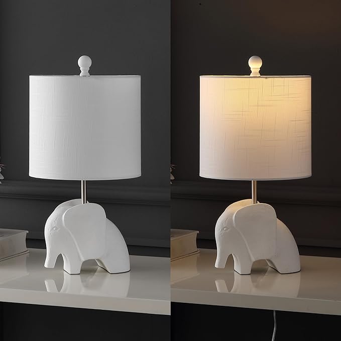 JONATHAN Y 17.5" White Elephant Kids Table Lamp, Whimsical Resin Bedside Lamp with White Linen Drum Shade for Bedroom Playroom Nursery, LED Bulb Included, UL Listed (JYL1143D)
