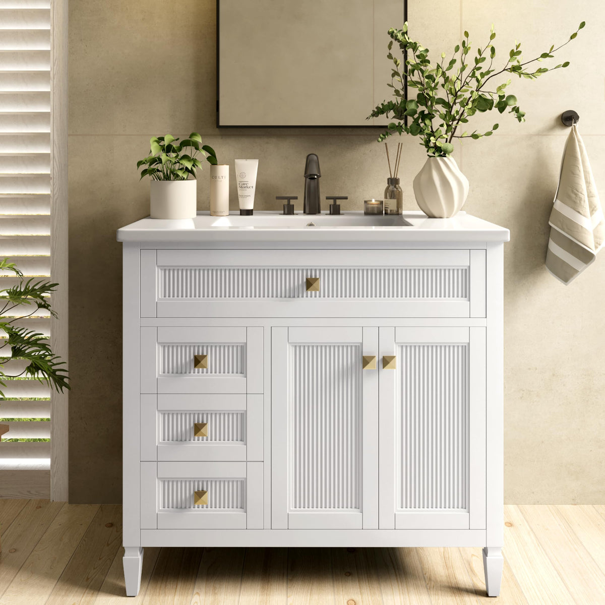 Alphabath 36 Inch Bathroom Vanity with Sink, Solid Wood Bathroom Sink Cabinet with Nano Clean Integrated Sink, Soft Closing 2 Door & 2 Drawers & Adjustable Shelf, Easy Assembly, Charcoal Blue
