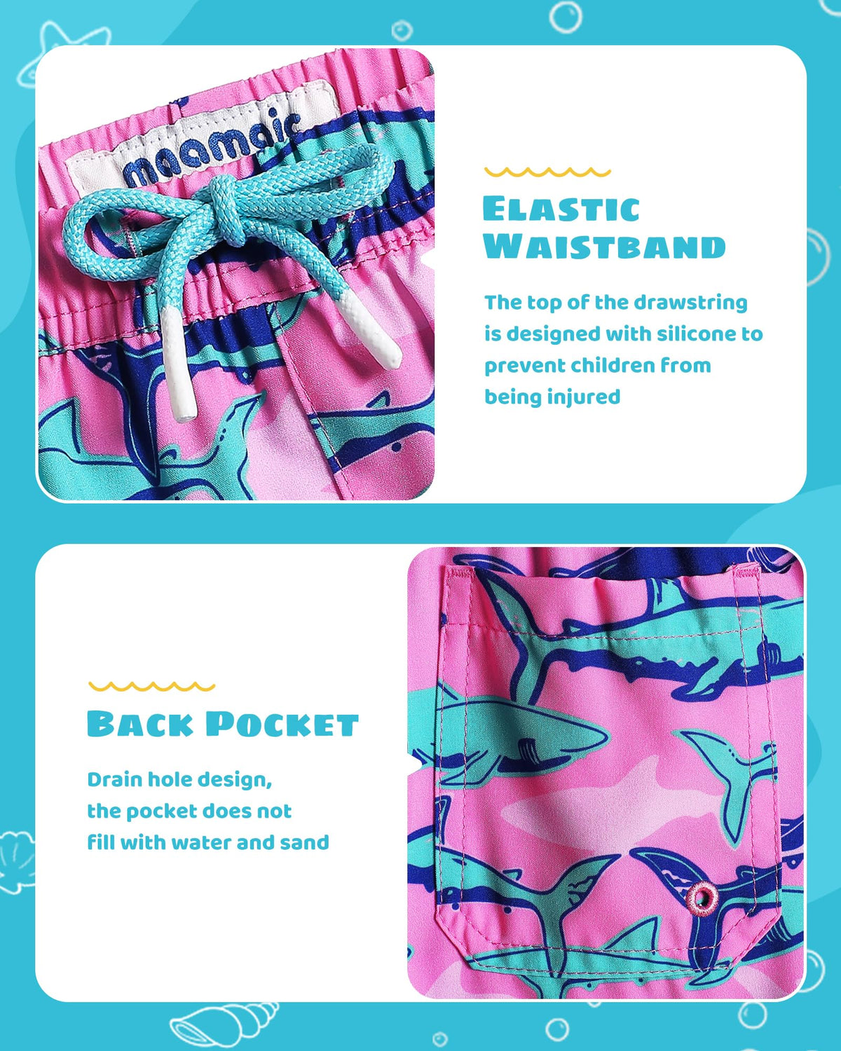 maamgic Boys Swim Trunks with Compression Liner Toddler Stretch Swim Shorts Quick Dry Swimming Trunks Boxer Brief 2 in 1 Beach Shorts Pink Blue Shark 3T