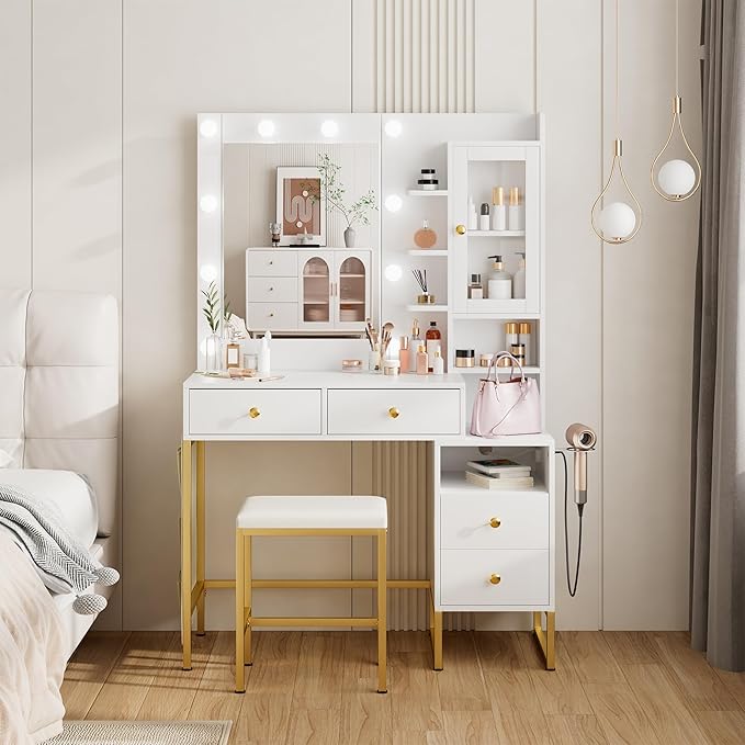 39" W Vanity Desk with Mirror, Makeup Vanity Set with Power Outlet and Comfortable Bench, Big Dressing Table with Lights Mirror and Drawers for Makeup, Modern Vanity for Bedroom White