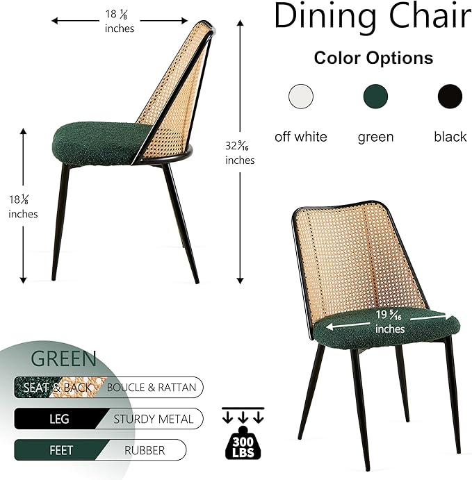 Rattan Chairs Green Set of 2, Woven Cane Dining Chairs Upholstered Boucle Stylish Cozy Kitchen Accent Chairs Armless