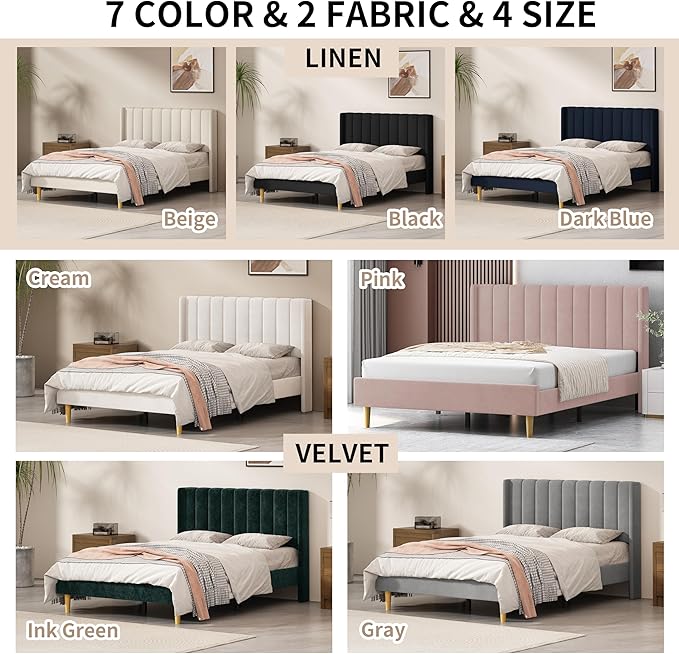 King Size Upholstered Platform Bed Frame with Modern Wingback & Vertical Panel Headboard, Velvet Fabric, Wooden Legs & Slats Support, No Box Spring Needed, Noise-Free & Easy Assembly, Cream