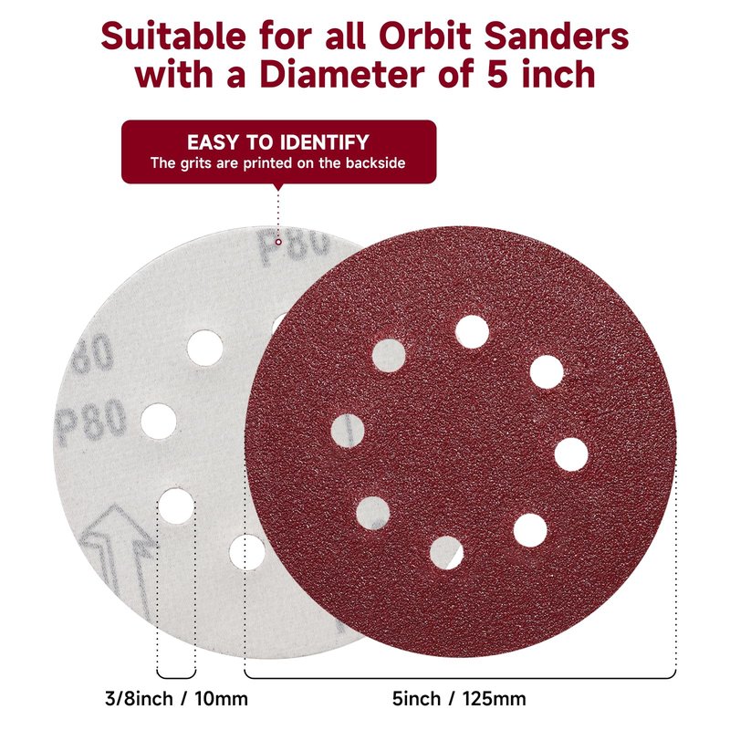 POTUINOM 100 PCS 5 Inch Sanding Discs 240 Grit, Round Hook and Loop Sandpaper for Random Orbital Sander