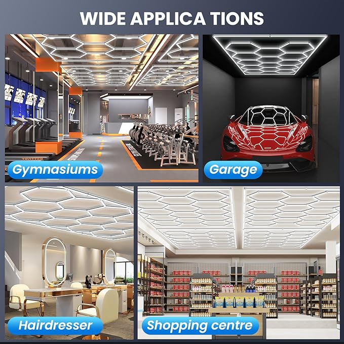 Ultra Bright Hexagon Garage Lights.750W 108000LM 6500K Hexagon LED Light with Rectangle Frame.14-Grid Honeycomb Lights with 1.33" Wide-Angle Lighting Surface for Garage, Basement(Black border)