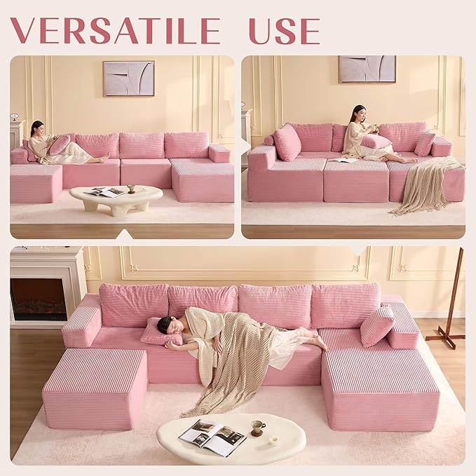 138" Boneless Couch with Deep Seat, Modular Sectional Sofa, Cloud Sectional Couch for Living Room, No Assembly Required, Corduroy, U-Shape 4 Seater Right, Pink