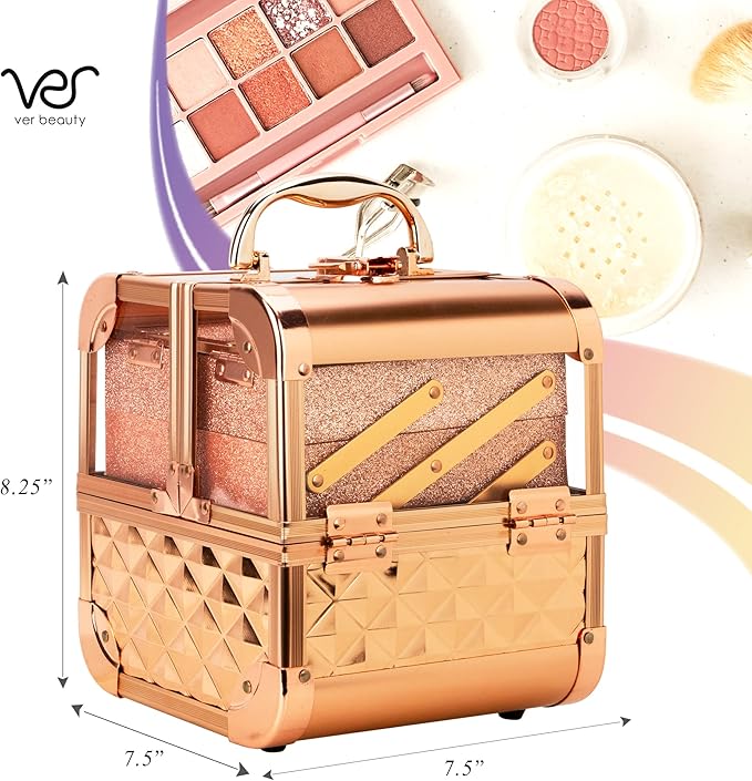 Ver Beauty Makeup Box Cosmetic Train Case with Clear Armored Acrylic Jewelry Organizer with 2 Tiers Trays and Mirror Lockable Portable Travel Cosmetic Display Aluminum Case (Rose Gold Diamond)